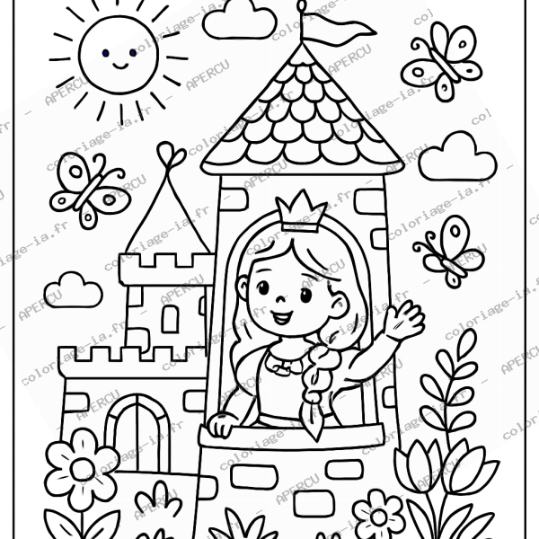 Coloriage princesse dans son château à imprimer en A4, univers féerique proche de la sirène