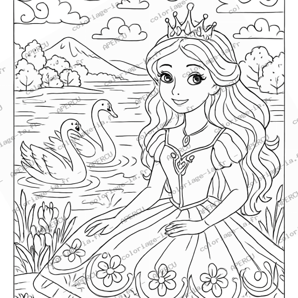 Coloriage princesse au bord du lac à imprimer en A4, univers féerique proche de la sirène