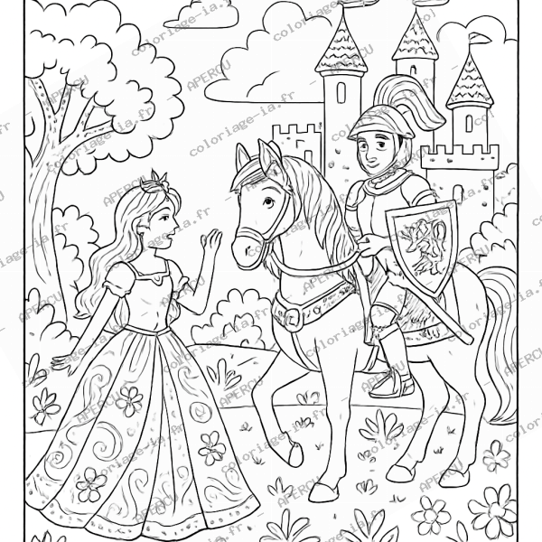 Coloriage princesse et chevalier à imprimer en A4, univers féerique proche de la sirène