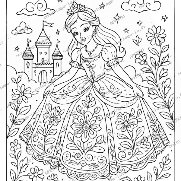Coloriage princesse et sa robe à crinoline à imprimer en A4, univers féerique proche de la sirène