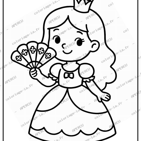 Coloriage princesse et son éventail à imprimer en A4, univers féerique proche de la sirène