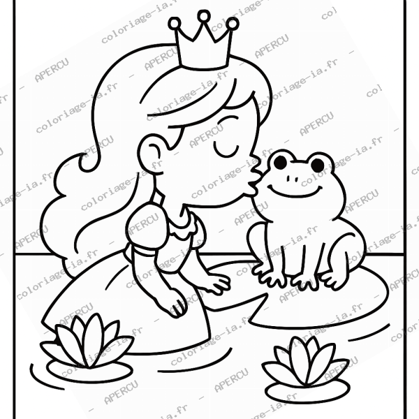 Coloriage princesse et grenouille enchantée à imprimer en A4, univers féerique proche de la sirène