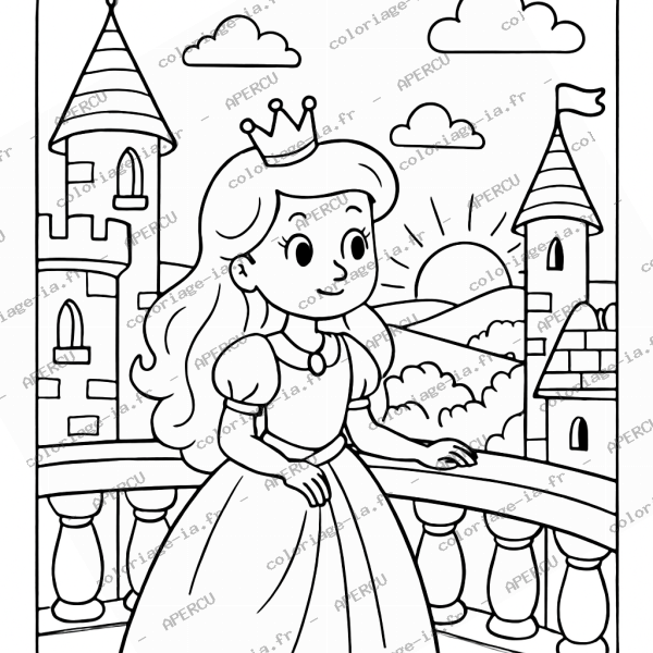 Coloriage princesse au balcon à imprimer en A4, univers féerique proche de la sirène
