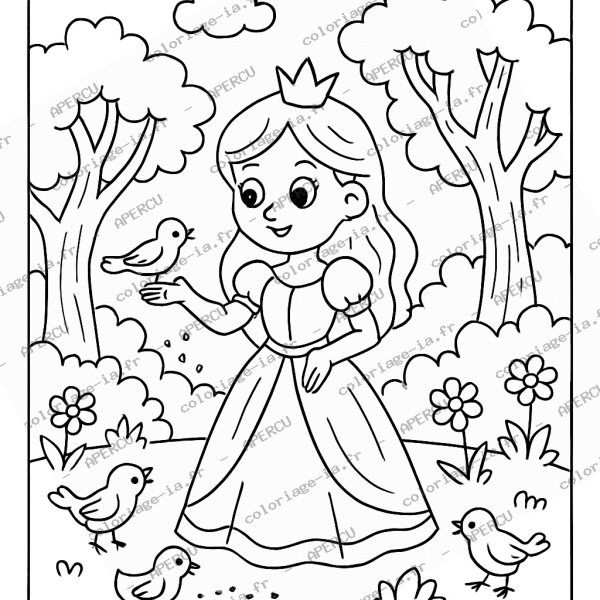Coloriage princesse et oiseaux chanteurs à imprimer en A4, univers féerique proche de la sirène