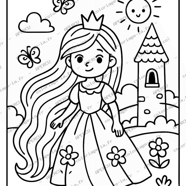 Coloriage princesse et ses cheveux longs à imprimer en A4, univers féerique proche de la sirène