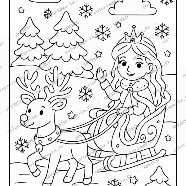 Coloriage princesse et carrosse de noël à imprimer en A4, univers féerique proche de la sirène