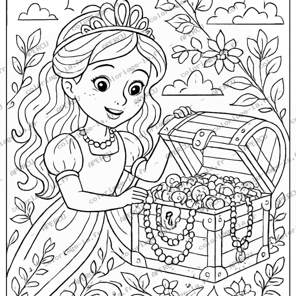 Coloriage princesse et coffre au trésor à imprimer en A4, univers féerique proche de la sirène