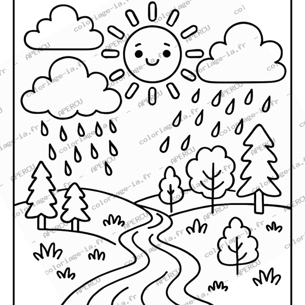 Coloriage éducatif cycle de l'eau à imprimer en A4