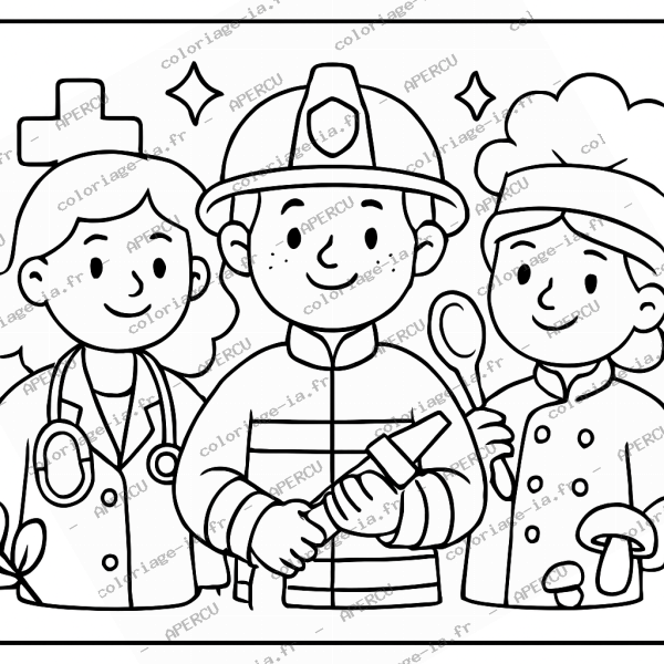 Coloriage éducatif métiers : pompier docteur boulanger à imprimer en A4
