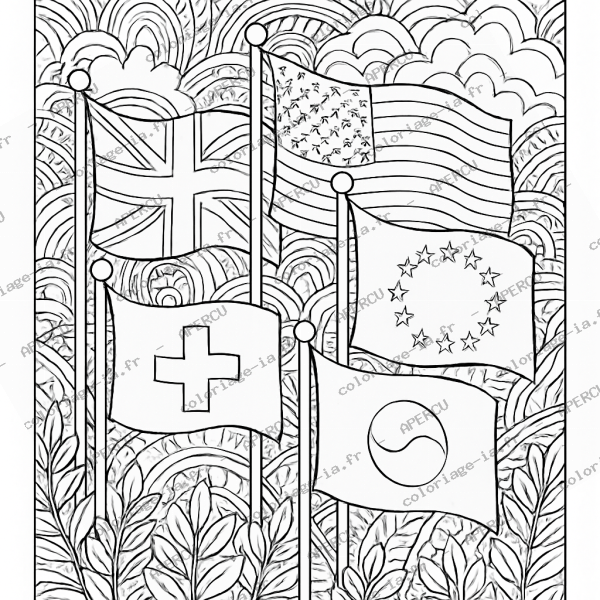 Coloriage éducatif drapeaux du monde à imprimer en A4