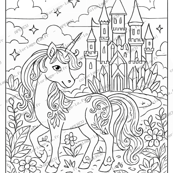 Coloriage licorne et château de cristal à imprimer en A4, univers féerique proche de la sirène