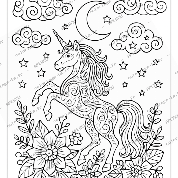 Coloriage licorne et lune à imprimer en A4