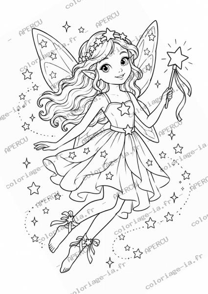 Coloriage fée des étoiles à imprimer en A4, dessin au trait noir pour enfant de 9-12 ans