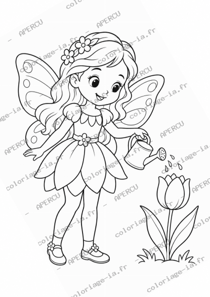 Coloriage fée du printemps à imprimer en A4, dessin au trait noir pour enfant de 6-8 ans