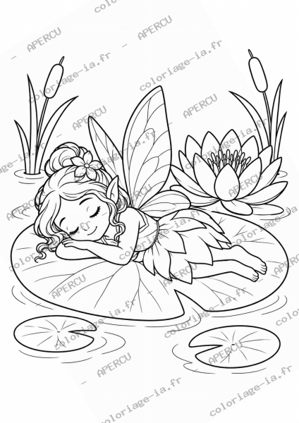 Coloriage fée endormie sur un nénuphar à imprimer en A4, dessin au trait noir pour enfant de 6-8 ans