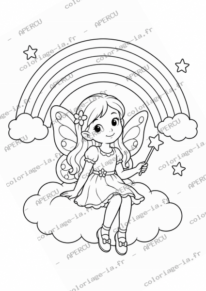 Coloriage fée et arc-en-ciel à imprimer en A4, dessin au trait noir pour enfant de 6-8 ans