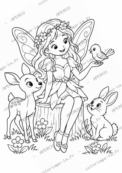 Coloriage fée et ses amis animaux à imprimer en A4, dessin au trait noir pour enfant de 6-8 ans