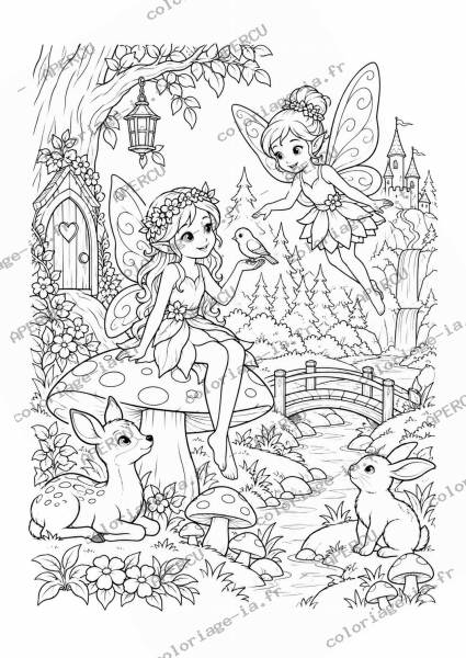 Coloriage forêt enchantée des fées à imprimer en A4, dessin au trait noir pour enfant de 9-12 ans